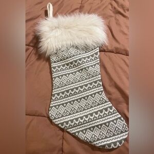 Gray and White Knit Christmas Stocking with Faux Fur Trim